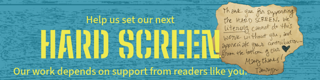 Image of a teal hardwood basketball court stating "Help us set our next HARD SCREEN. Our work depends on support from readers like you. An image of torn piece of paper with a handwritten thanking readers for their support. 
