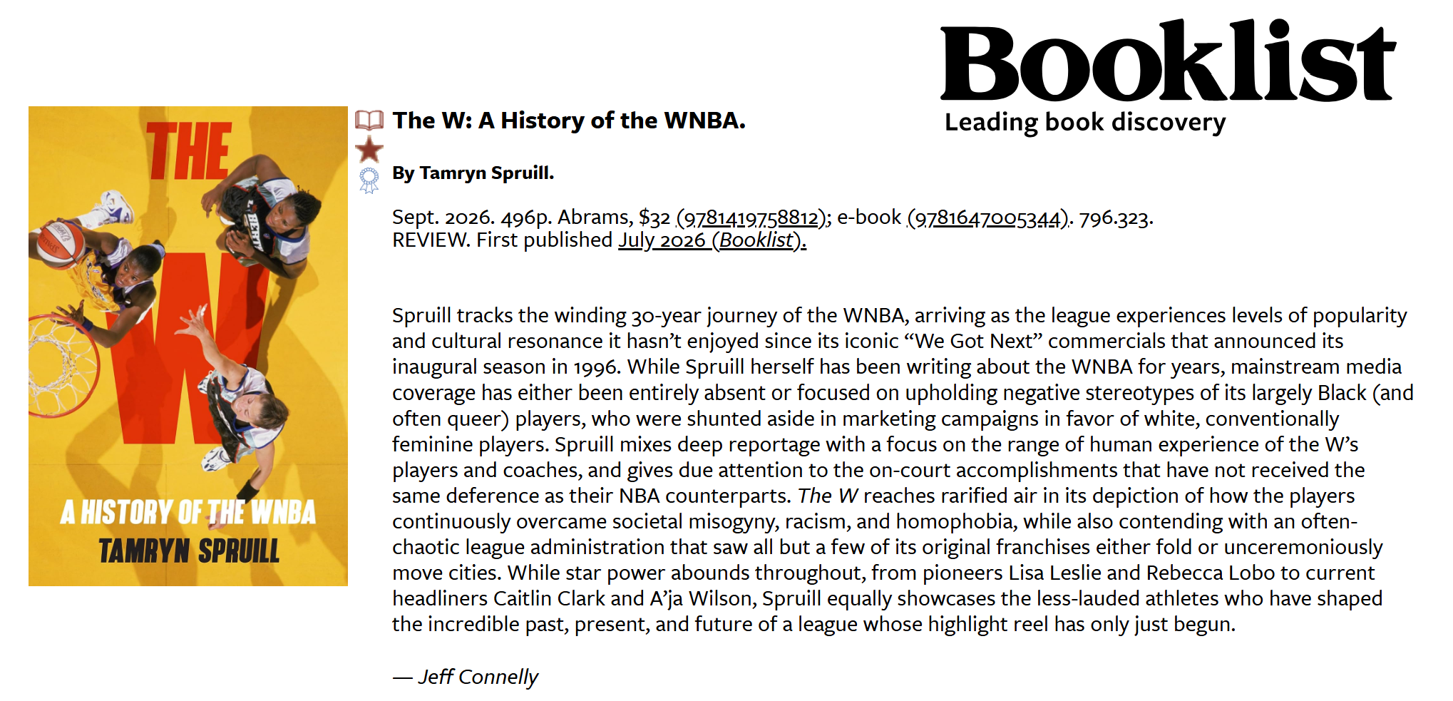 The W by Tamryn Spruill Booklist Review
